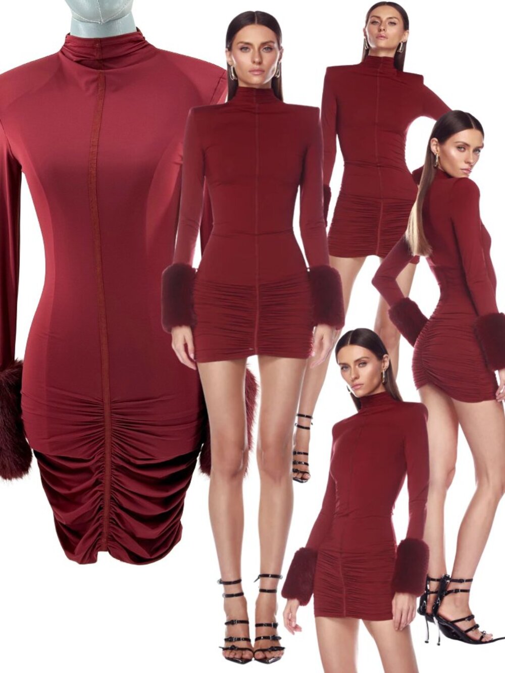 🆕 BRONX & BANCO 🧿 NWOT Eleanor Burgundy Fur Trimmed Mini Dress, Sz XS US 2
